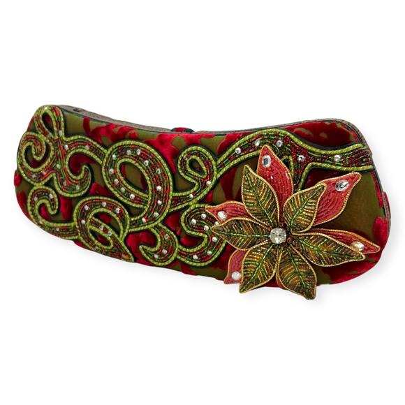 Mary Frances Vintage Christmas Beaded Baguette Hard Shell Handbag Poinsettia - Picture 7 of 15